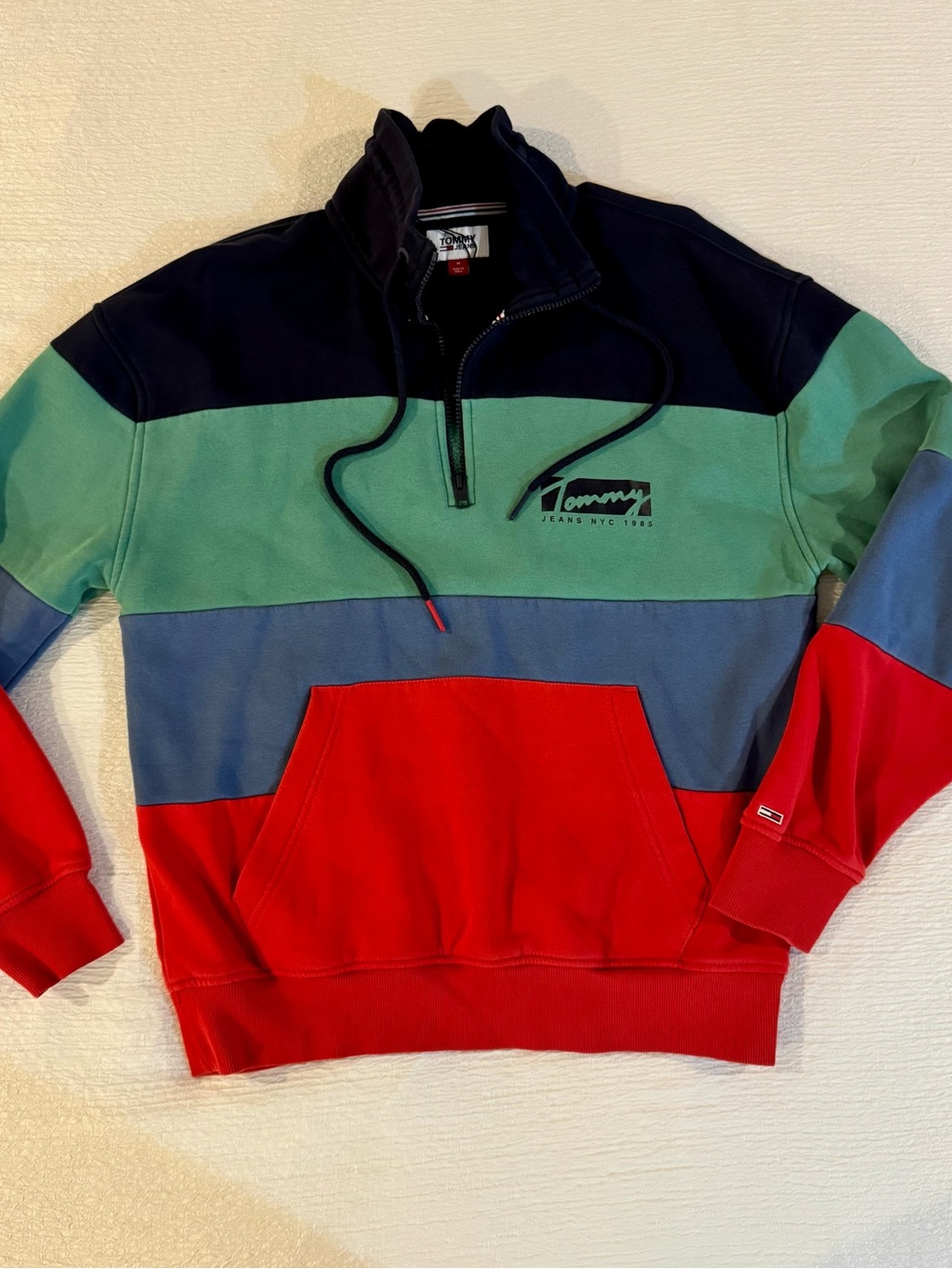 Tommy Hilfiger Men's Colorblock Quarter-Zip Sweater in Navy, Green, Blue & Red